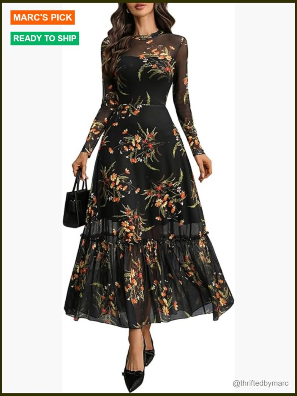 Floral Mesh Maxi Dress Long Sleeve A-Line Gothic Vintage Wedding Guest